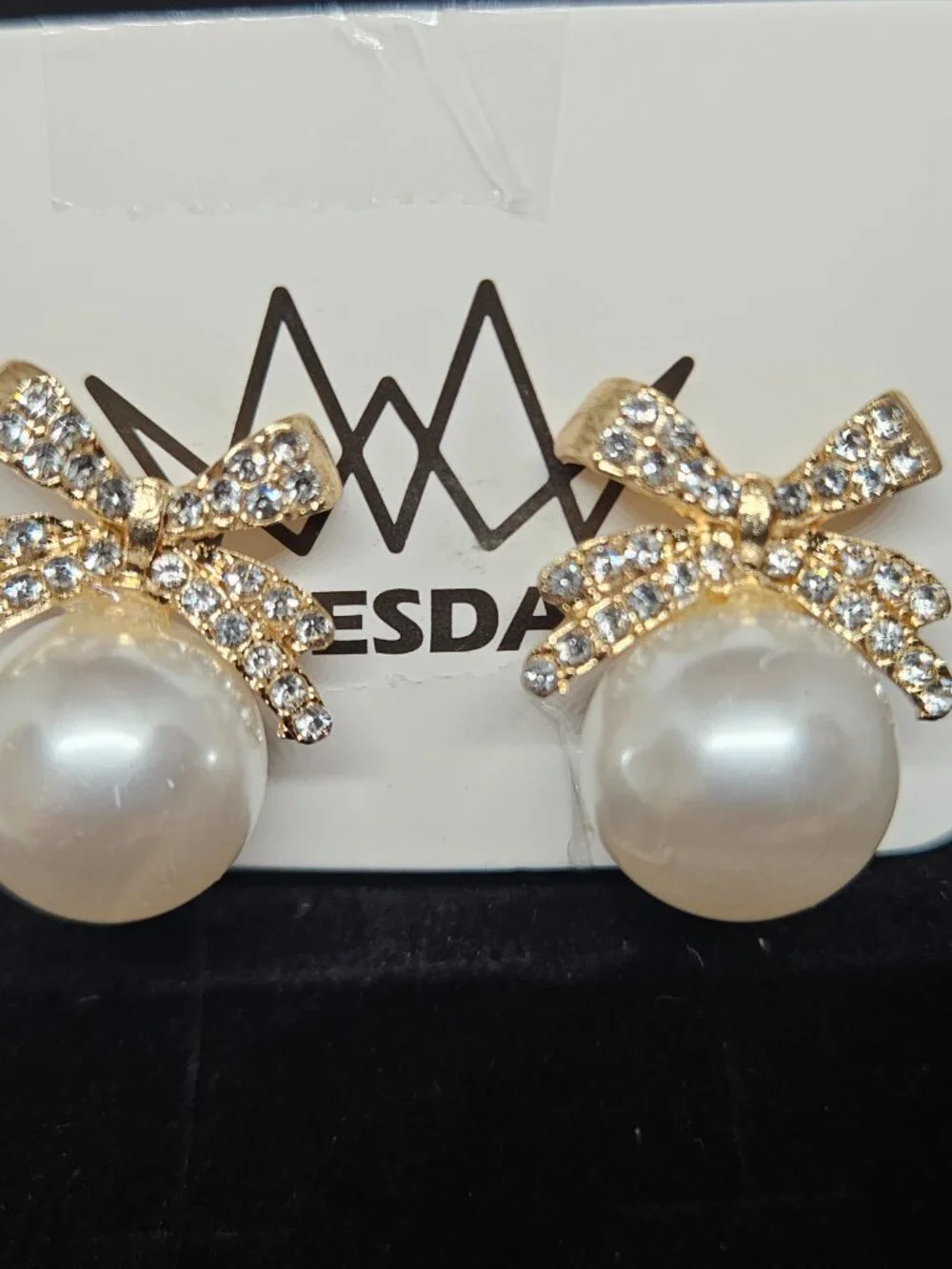 Gold Crystals Ribbon / Pearl Stud Earrings